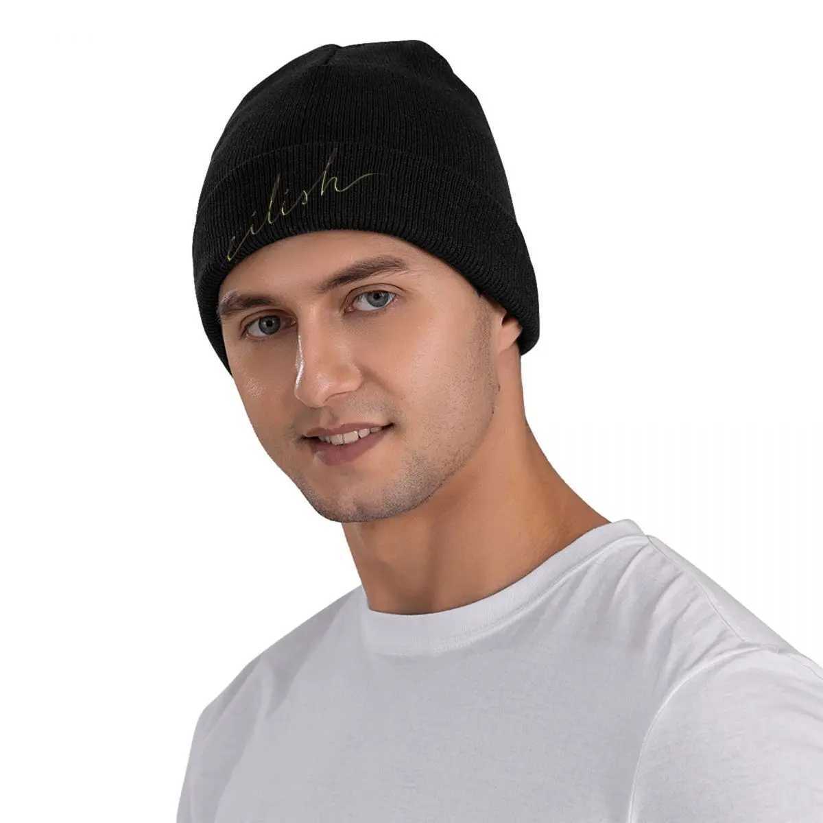 Billies Fragrances Gold Cursive Knitted Hat Beanie Winter Hats Warm Hip-hop Eilishs Cap Men Wen X250212