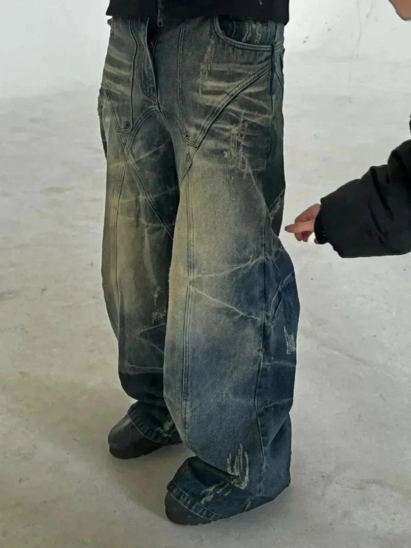 2000s Harajuku Pants Fashion Ripped Washed Loose Jean Retro Hiphop Goth High Waisted Wide Leg Denim Trousers 250211