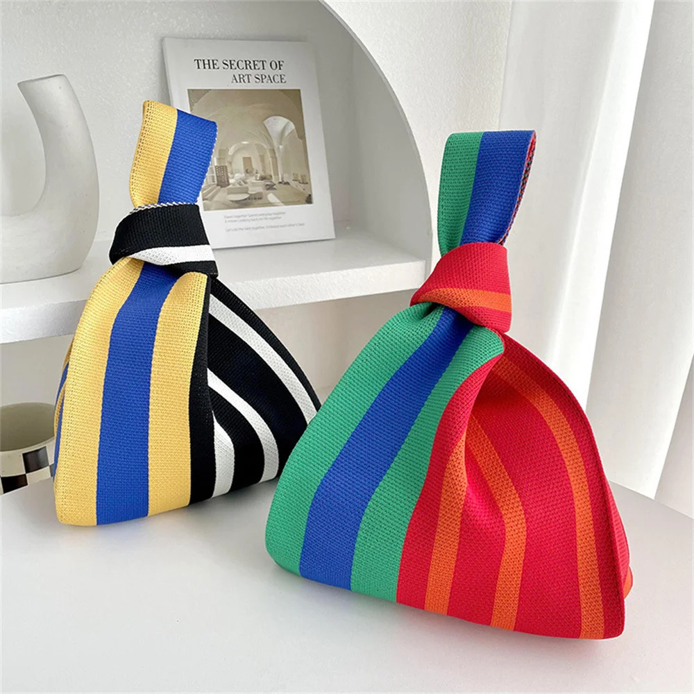 Original Stripes Knitted Bag Student Handbag Casual Shoulder Handbag Women Retro Wrist Bag 250207