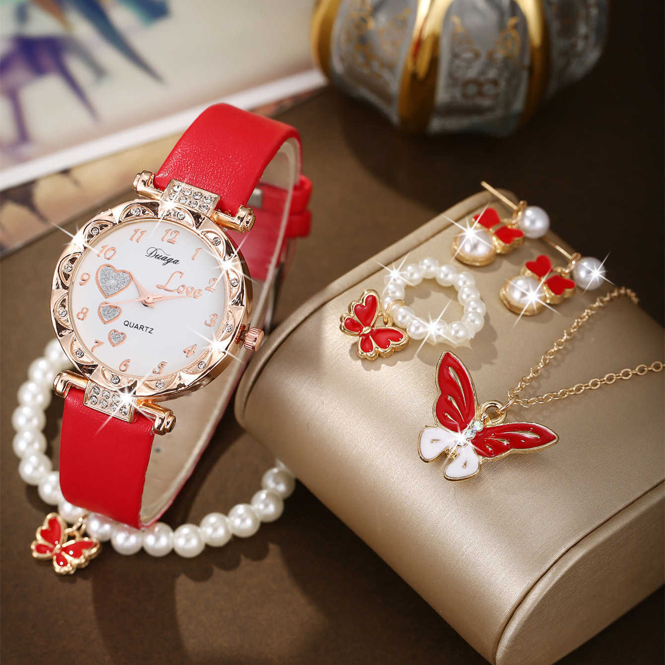 2024 New European Sweet Round Dial Matte Belt Watch Pearl Butterfly Jewelry Set W250212