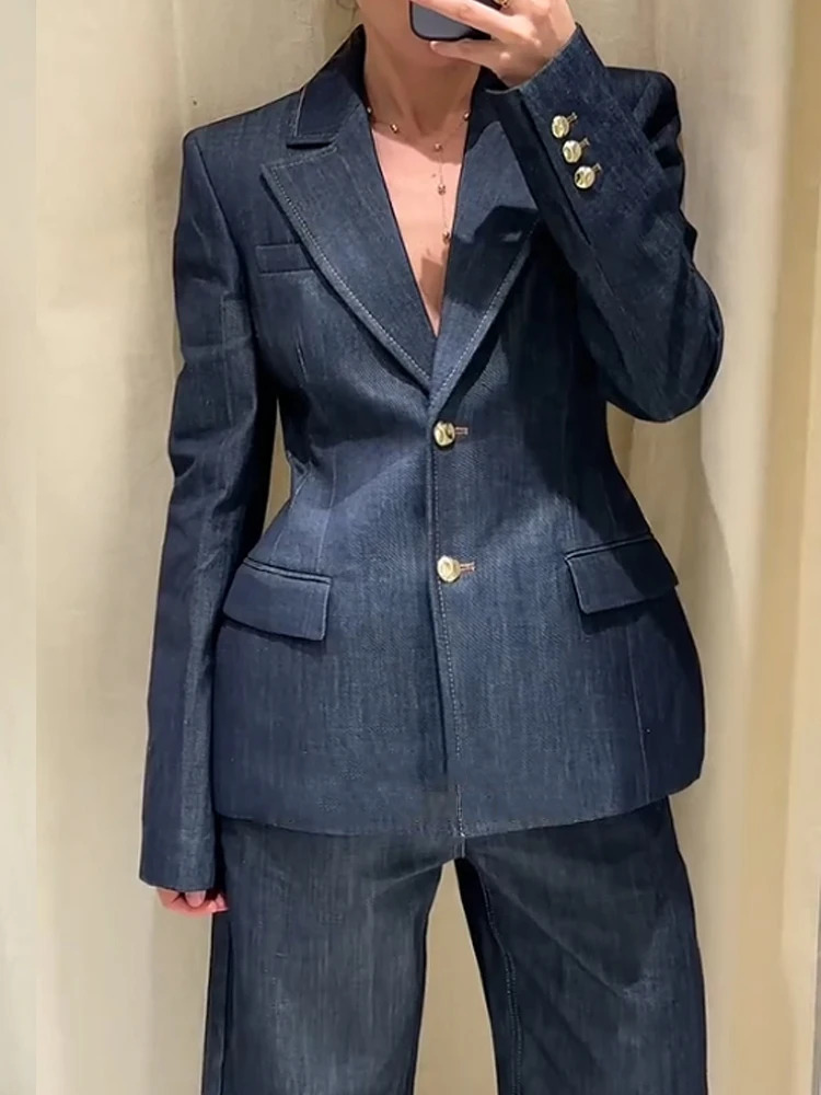 2025 Chic Street Denim Suit Long Pants Sets Women Chic Lapel Blazer Jacket V-neck Vest Wide Leg Pant Office Lady 3 Pieces Suits 250211