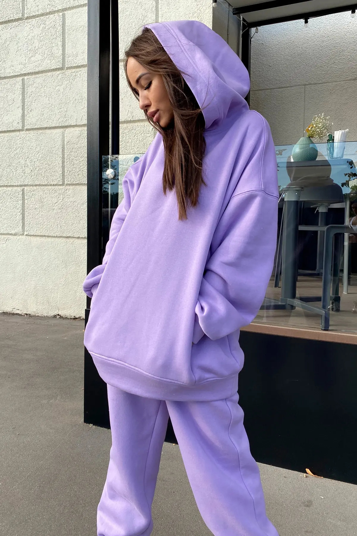 Selling European and American Autumn Winter Fashion Solid Color Hooded Hoodie Casual Two Piece Set 250211Z