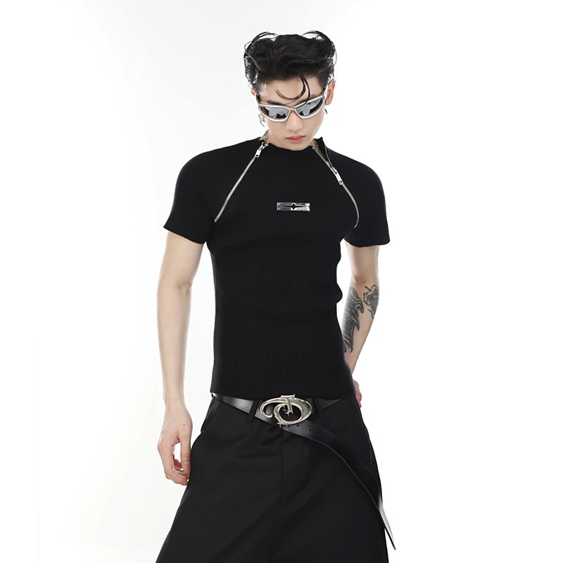 IEFB High Street Mens Fashion T-shirts Niche Deconstructed Slim Fitting Knitted Short Sleeve Metal Zipper Split n 9C670 250210