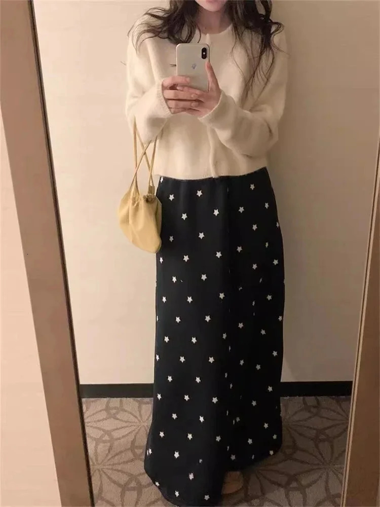 2025 Faldas Mujer De Moda Fashion Thicked Skirt Korean Long Skirts Women Elastic Waistband Bandage Jupe Star Print Casual Saia 250122