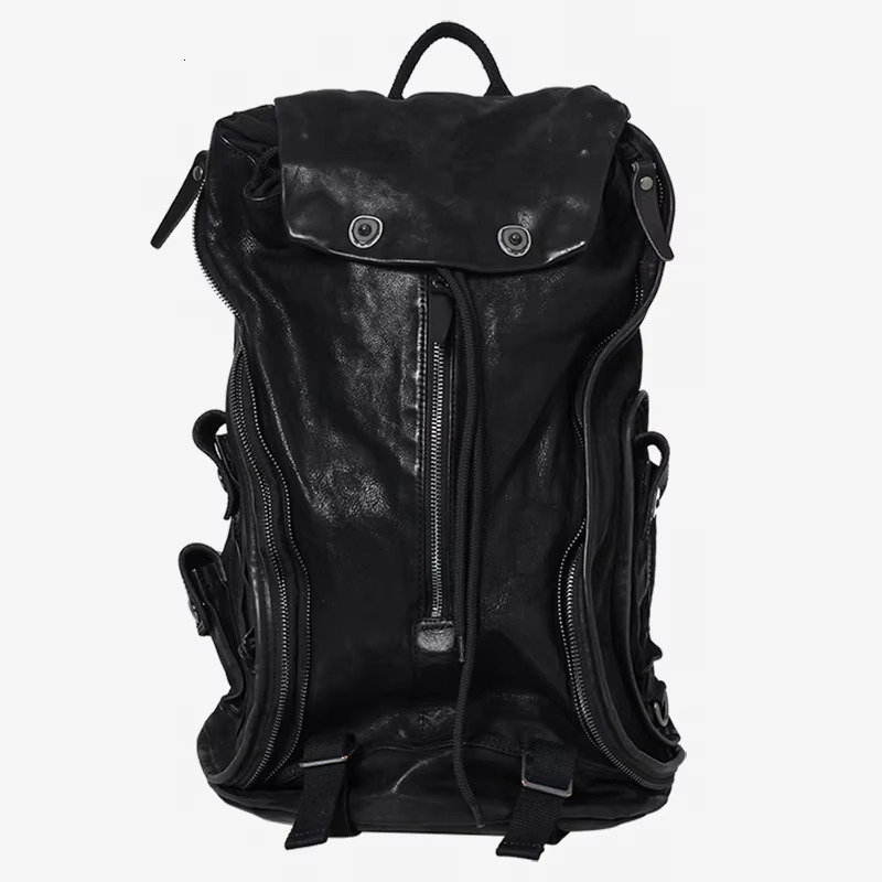 Men's Women Backpack Zipper Retro Old Leather Shoulder School Bag Fashion Dark Wind Soft Youth Black Travel Backpacks