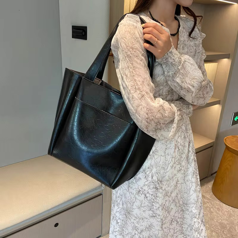 Large Retro PU Leather Shoulder Bag For Women 2024 Y2K Korean Fashion Simple Handbags And Purses Females Solid Color Tote Bags
