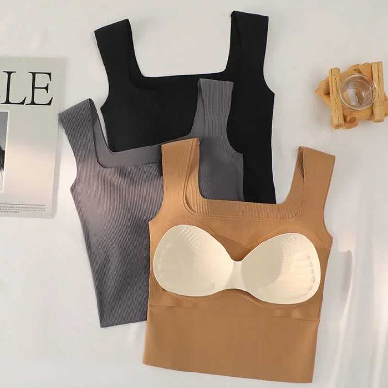 Nude Wide Shoulder Camisole Square Neck Beautiful Back Threaded Vest Womens Seamless One-piece Fixed Cup Casual Solid TopsXJ250212