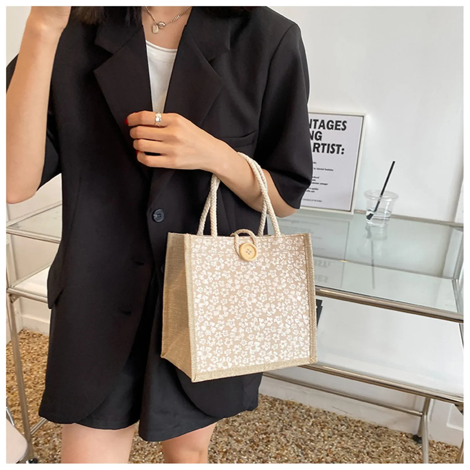 Linen Button Zipper Handbag Shopping Bags Gift Packing Bag Flower Pattern Large Grocery Bag Women Beach Tote Portable Lunch Bag 250207