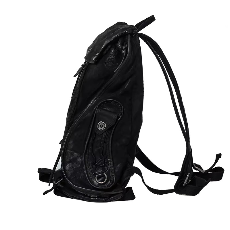 Men's Women Backpack Zipper Retro Old Leather Shoulder School Bag Fashion Dark Wind Soft Youth Black Travel Backpacks