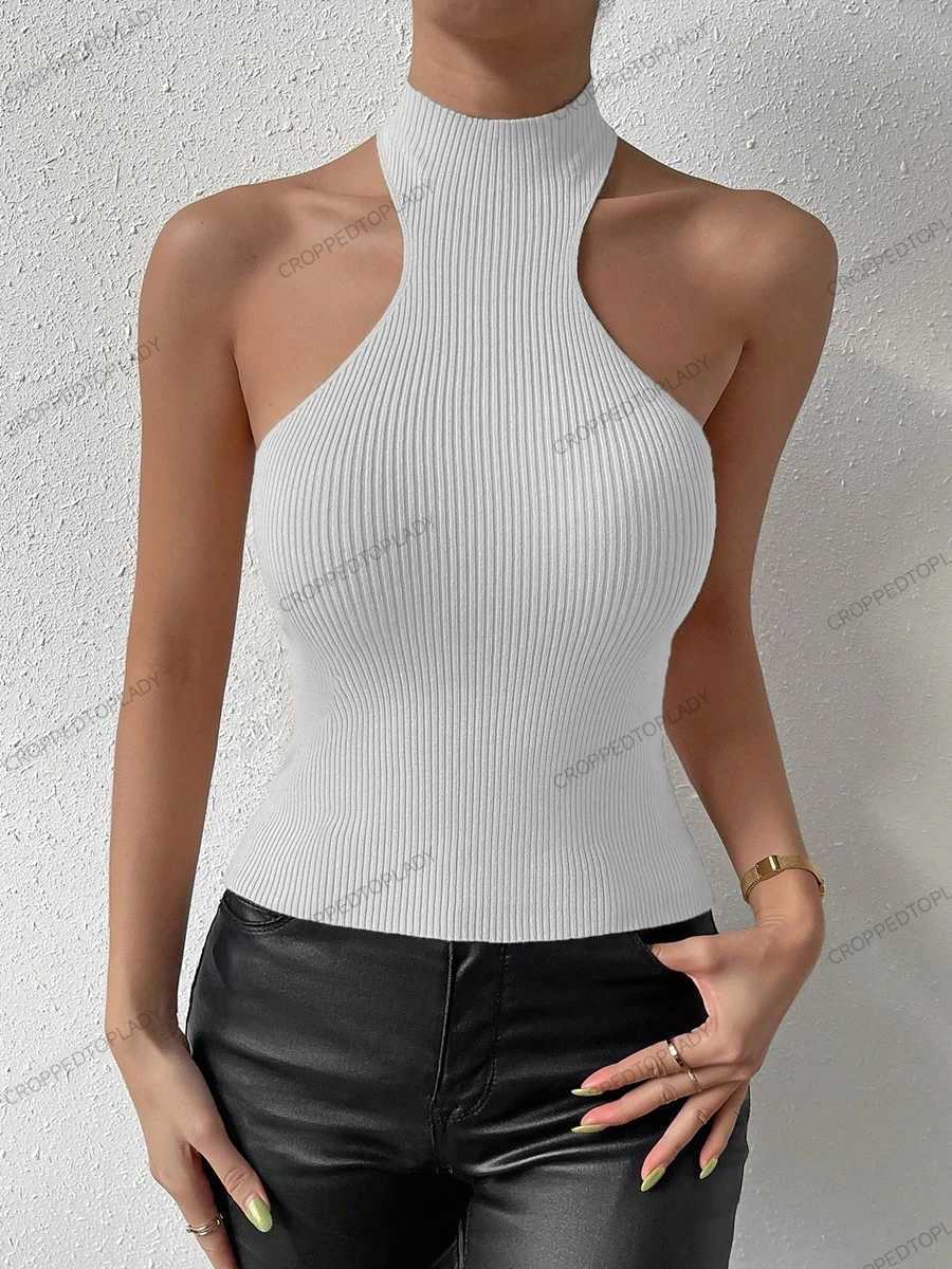 Summer Women Cut Out Racer Knit Sveless Curve Corset Mock Neck Crossfit Crop Top Femme Stretch Y2k Tank Fashion ClothesXJ250212
