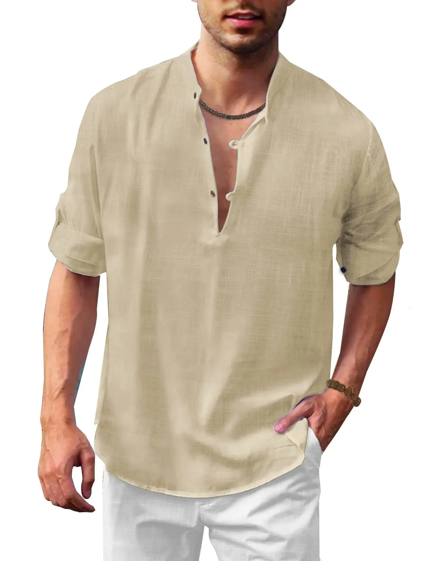 Lente Herfst Nieuwe Heren casual shirt Katoenen Linnen shirt lost top Lange Mouwen T-shirt casual Knappe Heren shirt Heren T-shirt 250211