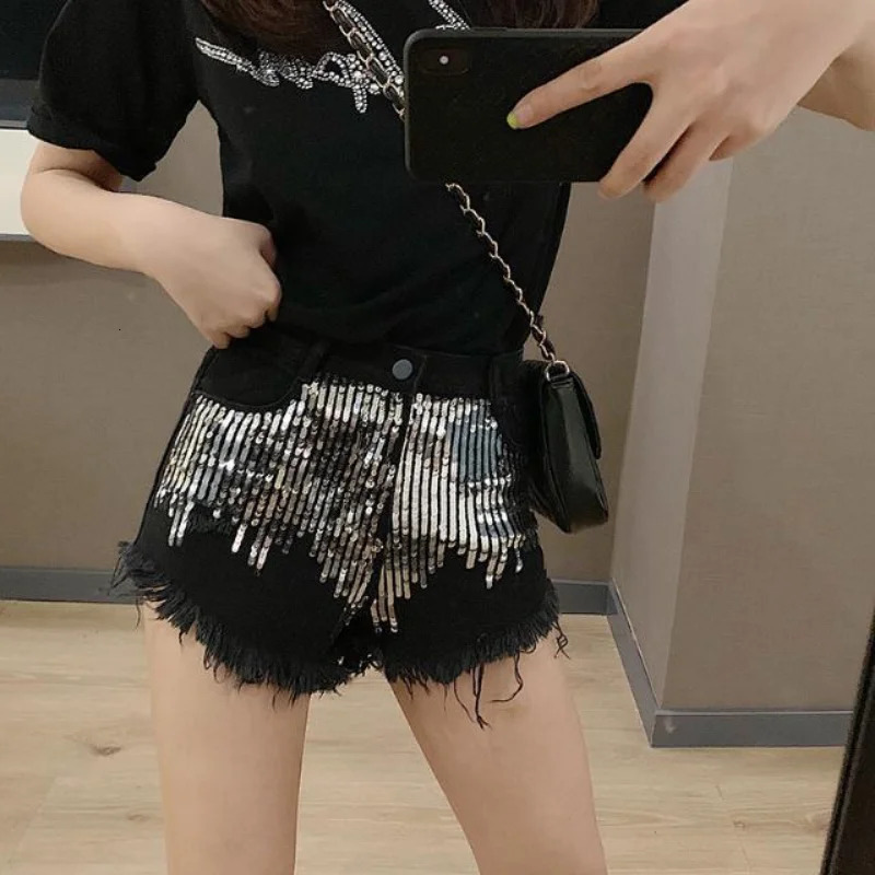 Womens Denim Shorts with Rhinestones Sequin Short Pants for Woman To Wear Trend n Korean Style Outfits Youthful Jeans 250212