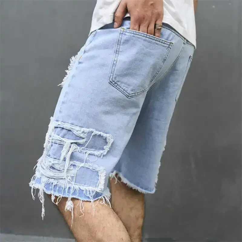 Denim Hole Knee Length Men Washed Jean Mid Waist Spliced Ripped Pockets Loose Fit Distressed Straight Pants 2025 Casual Shorts 250211