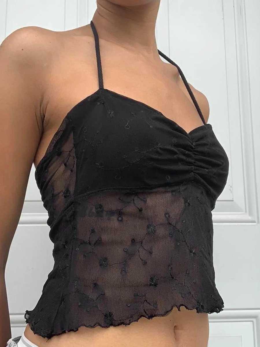 Y2K Women Halter Crop Top Sexy See-Through Lace Floral Patchwork Backless Top Summer Cami Tank Tops for Teen GirlsXJ250212