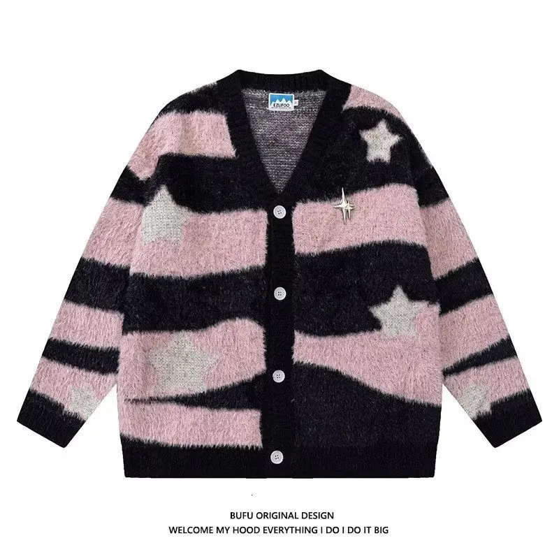 Knitted Cardigan Sweater Men Women Autumn Patchwork Knitted Jumpers Harajuku Loose Hip Hop Streetwear Y2K Star Pattern Jackets 250211