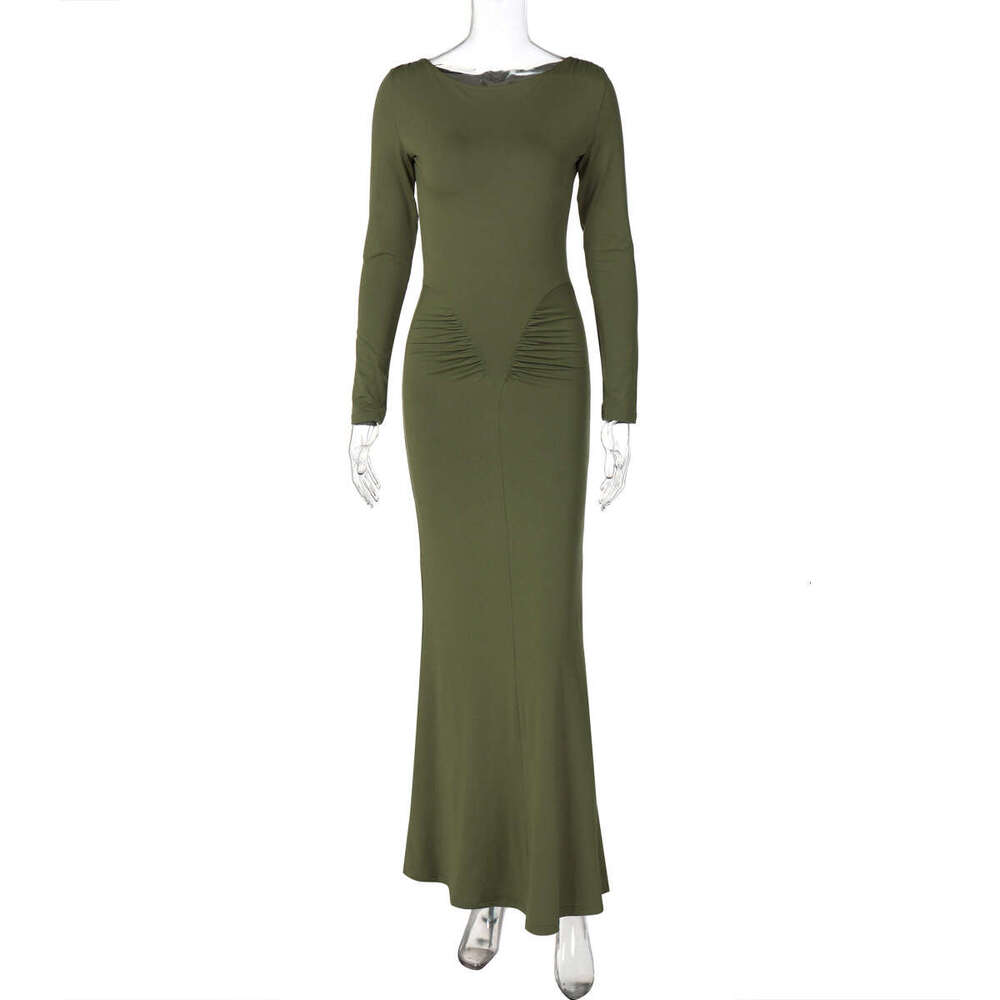 Hot selg women's in Europe America summer 2025, fashionable stylish products, slim fit pleated round neck long sleeved dresses, wholesale for wom