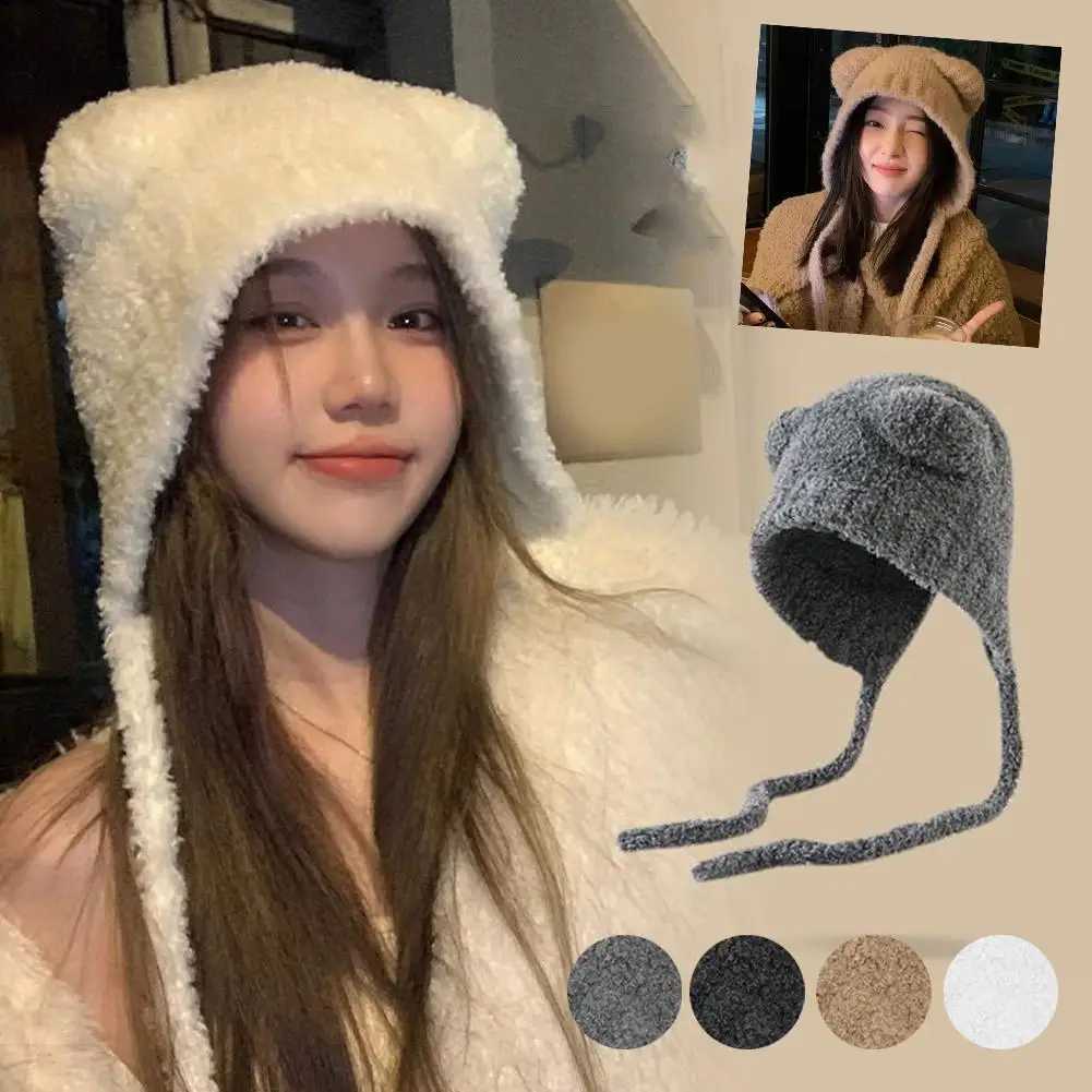 Winter plush bear cute bear ear fur hat warm lace shoe hat Gorros knitted hat warm hat protection Bber Korean ear weave X4L2 X250212