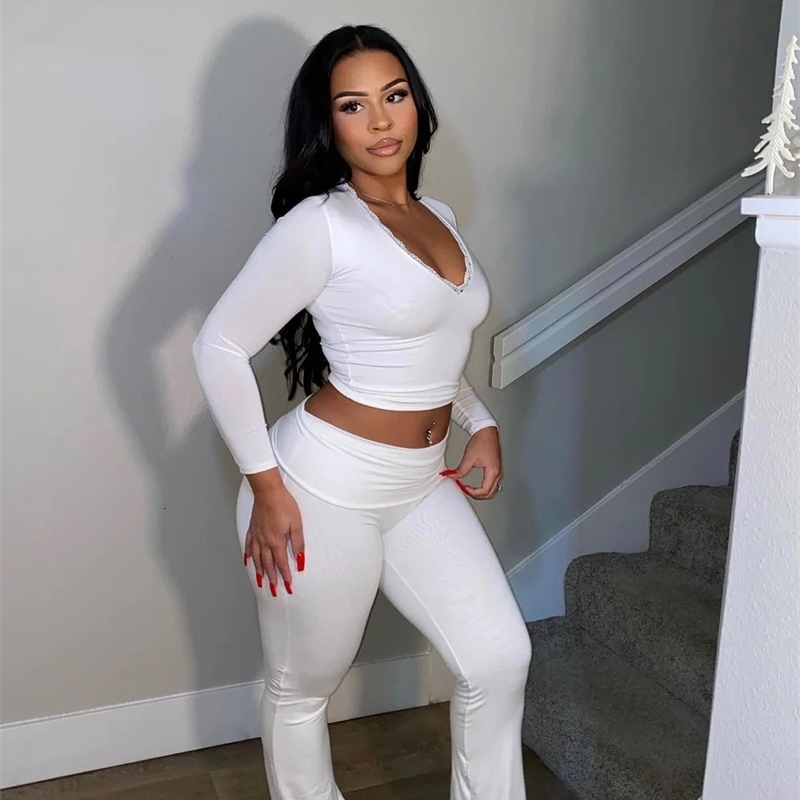 Womens Tracksuits Spring New Long Sleeved Lace V-neck Short Top High Waist Long Pants Casual Home Set 7 Colors