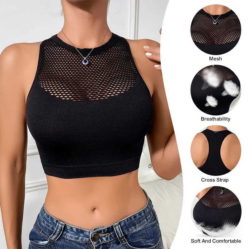 Women Sexy Tank Tops Fishnet Hollow Out Sports Off Shoulder Crop Top Fe Outwear Stretch Comfortable Casual Tanks Chic VestXJ250212