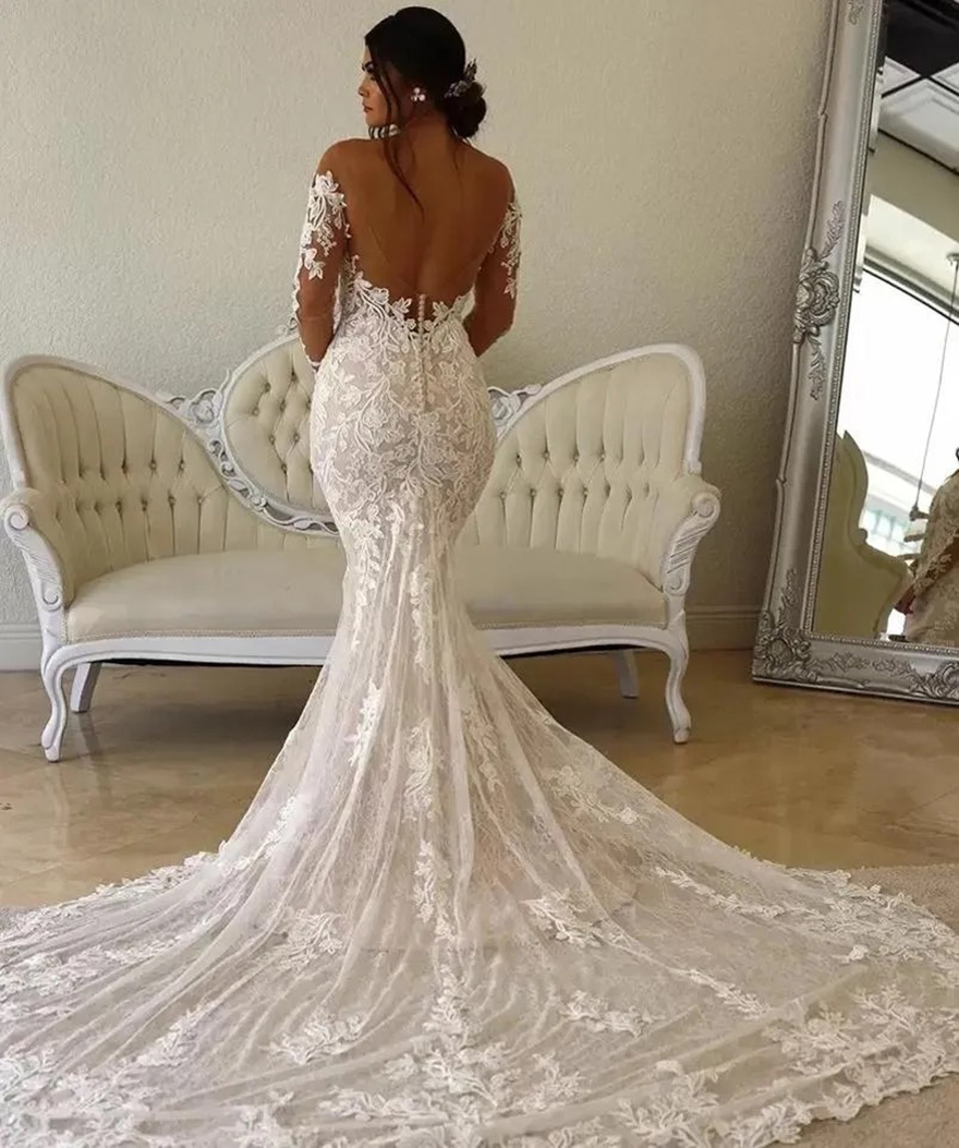 Sheer O-neck Mermaid Wedding Dresses Modest Lace Floral Long Sleeve Backless Bohemian Fishtail Bridal Gown abito sposa boho