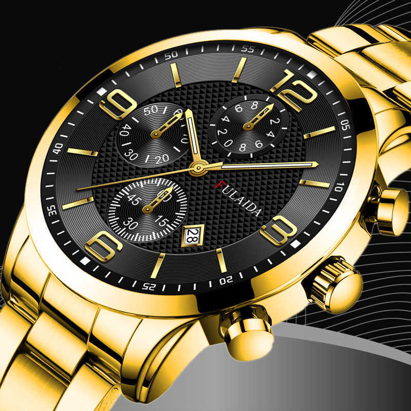 Fulaida quality mens fashion stainless steel business watch luminous pointer with calendar quartz watch W250212