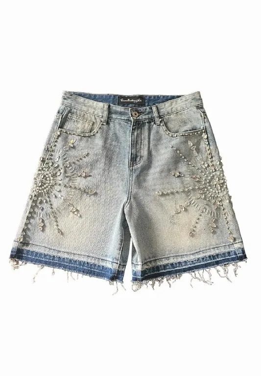 Shorts Y2K Jeans Womens Harajuku Hip Hop Gothic Rhinestone Sequin Retro Blue Baggy Denim Shorts High Waist Fashion Casual Shorts 250212