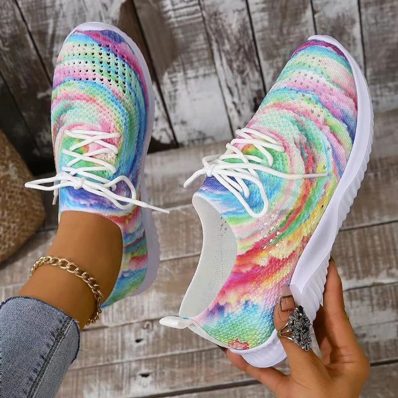 Women Mix Color Mesh Knitted Sneakers 2024 Autumn Lightweight Breathable Soft Sole Running Shoes Woman Slip on Flats Sock Shoes 250207