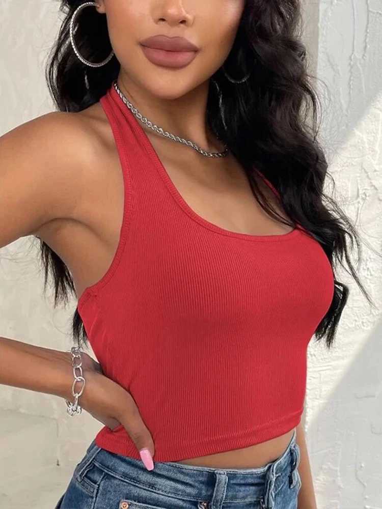 Womens Sveless Vest Ribbed Knit Top Halter Neck Summer Basic Red Casual Sports Vest Off Shoulder Ladies Vest Casual SexyXJ250212