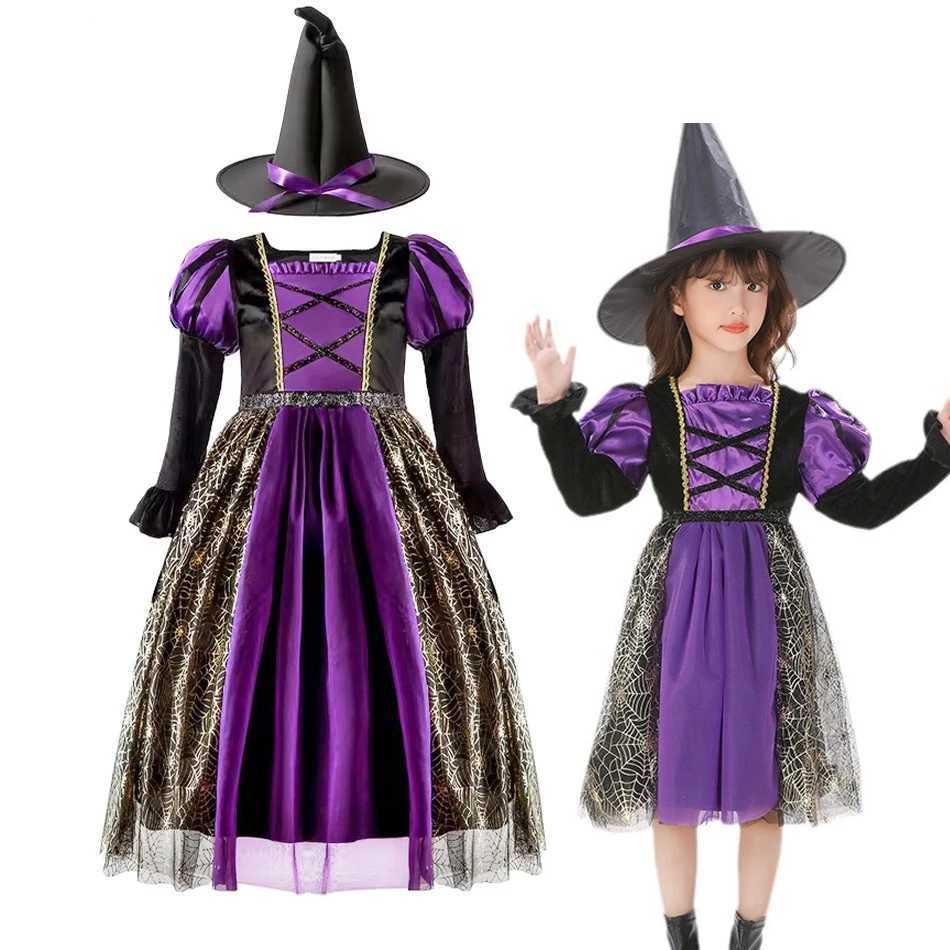 Kids Halloween Apparel Horror Dress Witch Costume with Hat Wand Girl Carnival Black Magic Villain Wizard Vampire Cosplay GownXJ250117