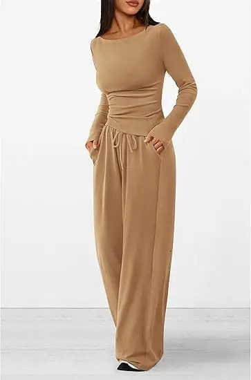 Autumn Solid Color Womens Casual Suit Twopiece Fashion Asymmetric Longsleeved Slim Tshirt Laceup Wideleg Pants Sports 250211Z