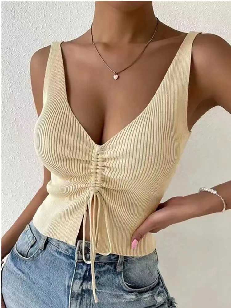 New Summer Women Drstring Front Ribbed Knit Tops Femme Sexy V Neck Sveless Crop Top Clothes High Stretch Split Cropped TankXJ250212
