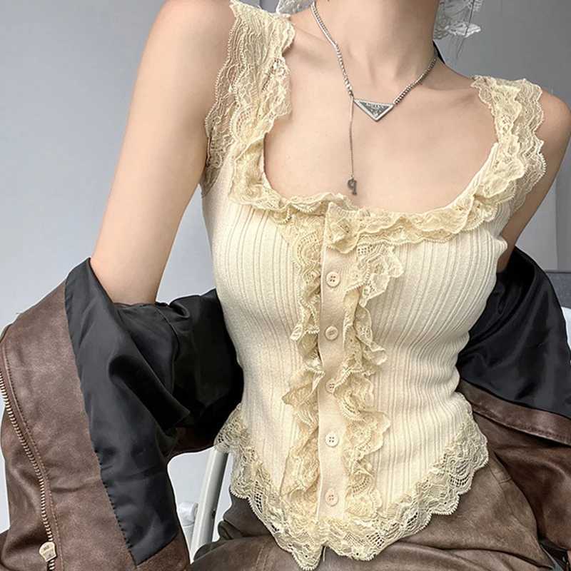 Sexy All-match Simple Lace Stitching Chic Tank Tops For Women Girls Fashion Sweet Casual Slim Fit Short Sveless Tank TopsXJ250212