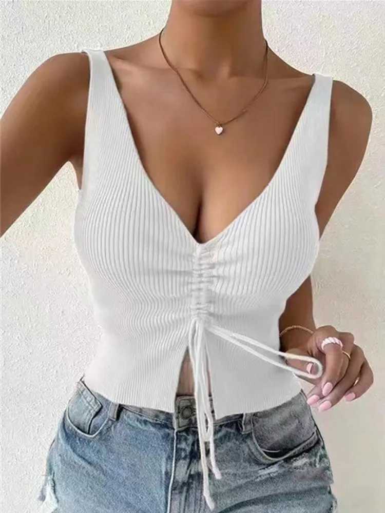 New Summer Women Drstring Front Ribbed Knit Tops Femme Sexy V Neck Sveless Crop Top Clothes High Stretch Split Cropped TankXJ250212