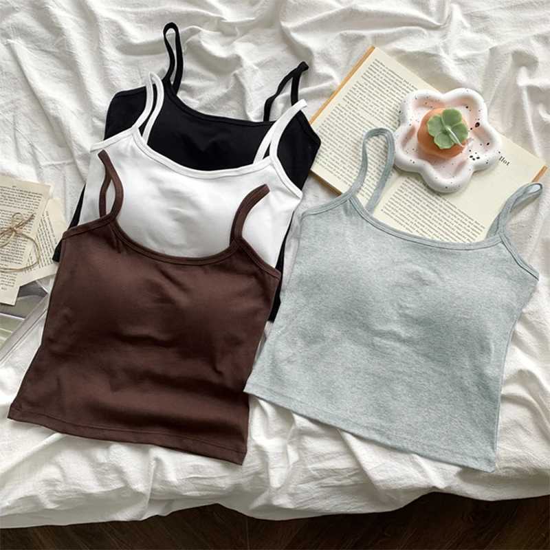 Korean Womens Solid Color Spaghetti Straps Sveless Slim Camisole With Chest PadXJ250212