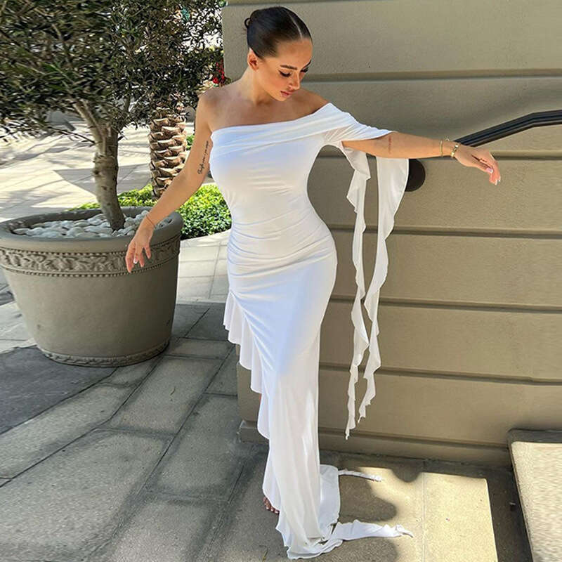European and American women's summer product fashion personality one shoulder pleated solid color slim fit dress wholesale 2025 temperament versa