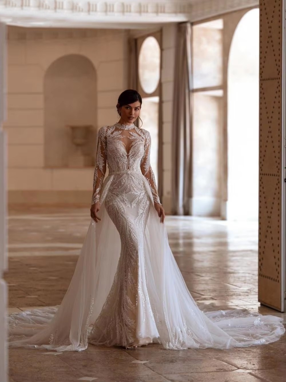 Sparkly Beading Sequins Wedding Dresses Mermaid Bridal Gowns with Overskirts Long Sleeves Customized Princess Sweep Train Bride Dress Vestidos De Novi