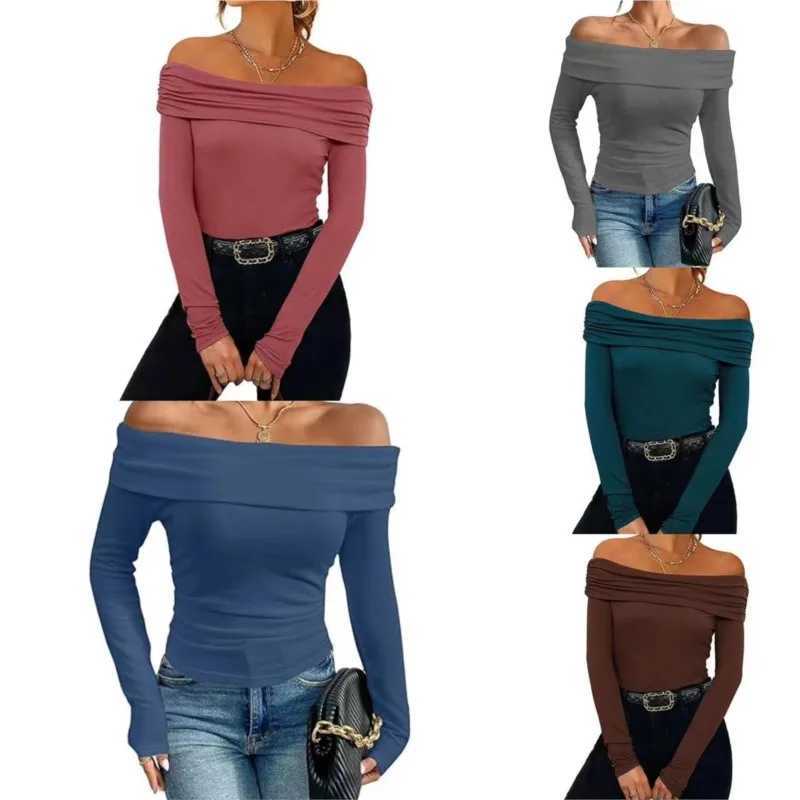 Long Sve T-shirts For Women Clothing One Neckline Womens Shirt 2024 Trend Pullover Womens Blouses Slim Fit Womans T ShirtXJ250212