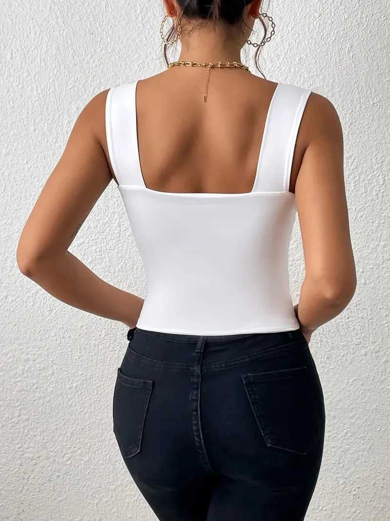 2024 Square Neck Sveless Summer Crop Top White Women Black Casual Basic T Shirt Off Shoulder Cami Sexy Backless Tank TopXJ250212