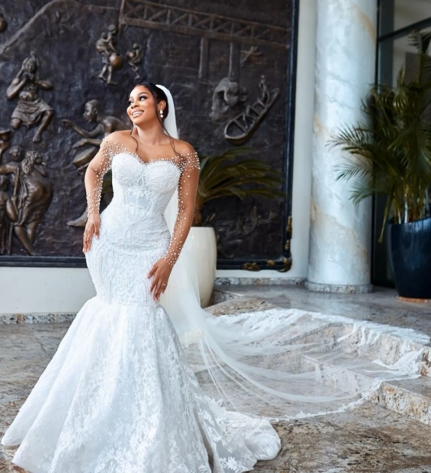 African Aso Ebi 2025 Off White Mermaid Wedding Dress Sheer Neck Full Sleeves Beaded Pearls Vintage Elegant Bridal Gowns Dresses BC20203 0212