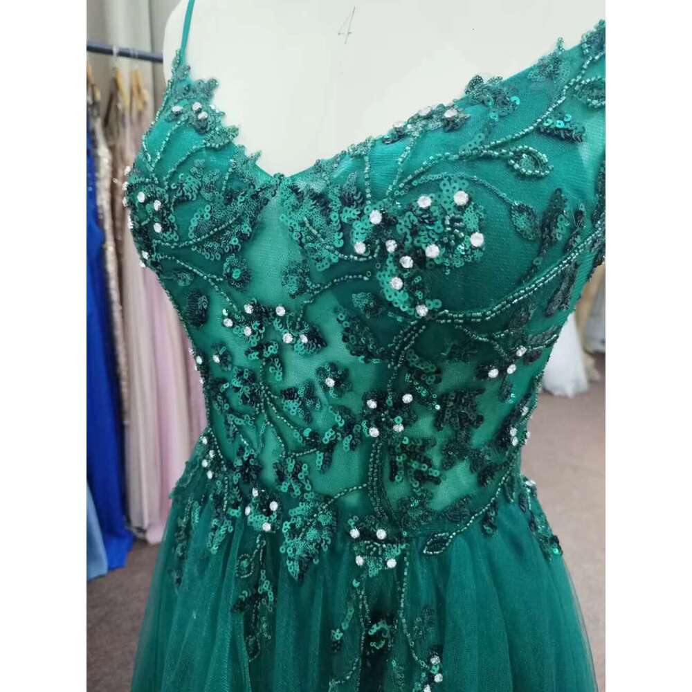 Dark Green Straps Soft Tulle Evening Dresses Beaded Sequin Appliques Crystal Formal Party Prom Gowns Vestido