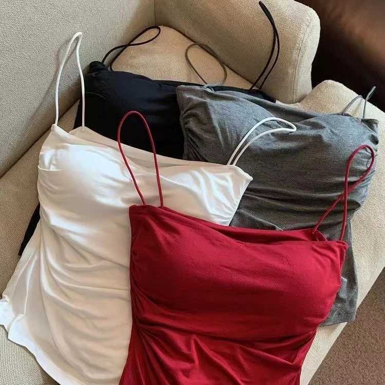 Summer Womens White Top Sveless Thin Straps Camisole Solid Color Tank Top with Cups Summer Ice Silk Comfortable SlingXJ250212