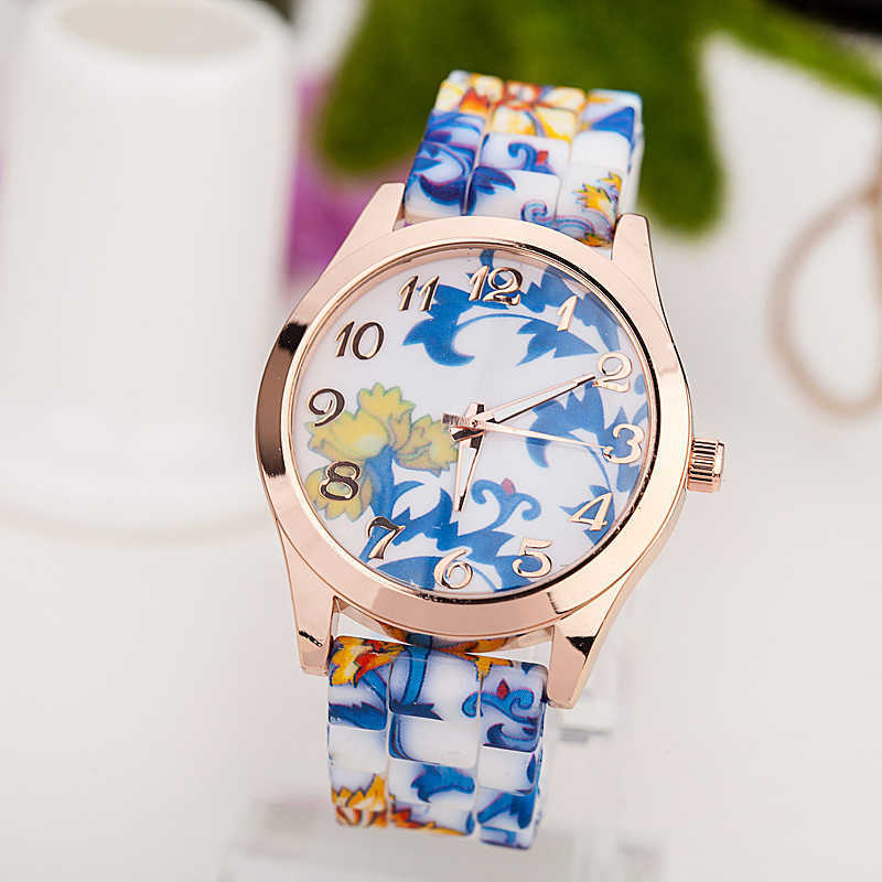New Fashion Geneva Silicone Watch Print Flower Watch Mens and Womens Quartz Watch W250212