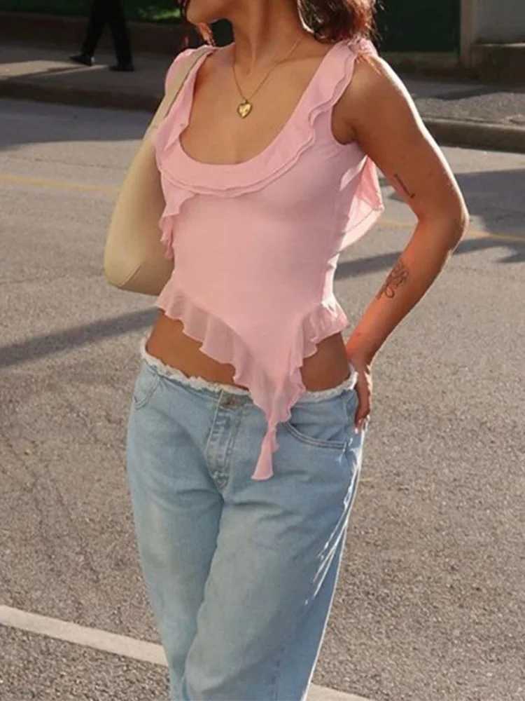 Fashion O-neck Sveless Tank Top Sexy Ruffles Backless Irregular Crop Tops Summer Casual Streetwear Women CamisXJ250212