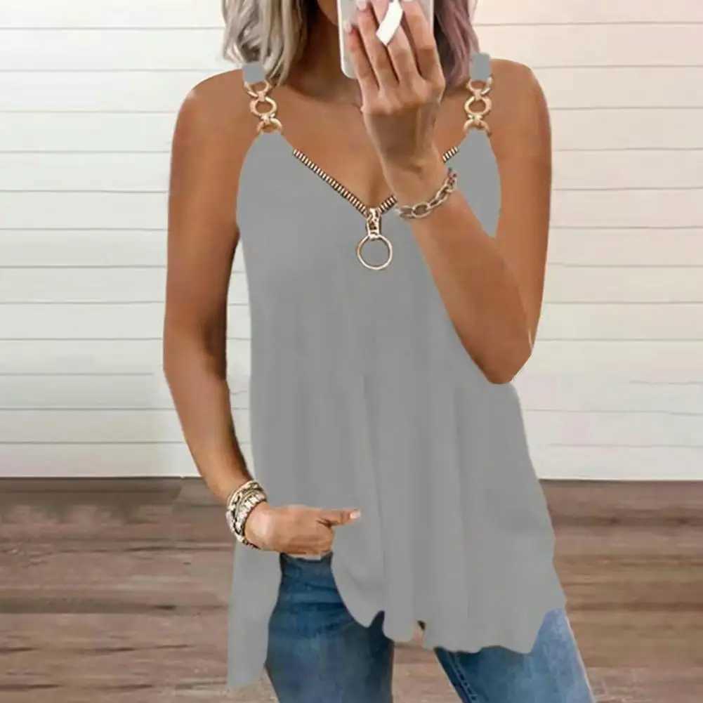 Zipper V-neck Sveless Sling Top Chain Shoulder Chain Straps Loose Fit Backless Milk Silk Solid Color Soft Vest Top StreetwearXJ250212