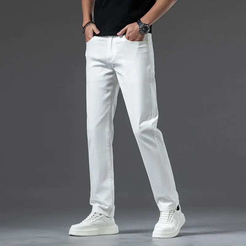 Summer Thin Mens Straight Denim Cotton Stretch Creamywhite Jeans Classic Business Pants Fashion Trousers Male 250210