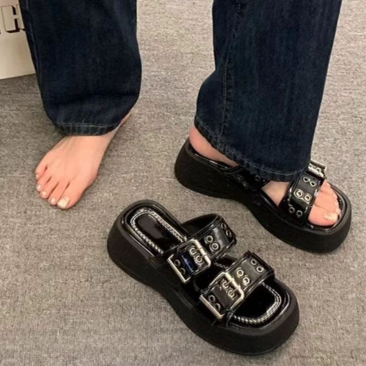 2025 new free shipping for womens designer sandals black sliver French style belt buckle thick soled height increasing slippers