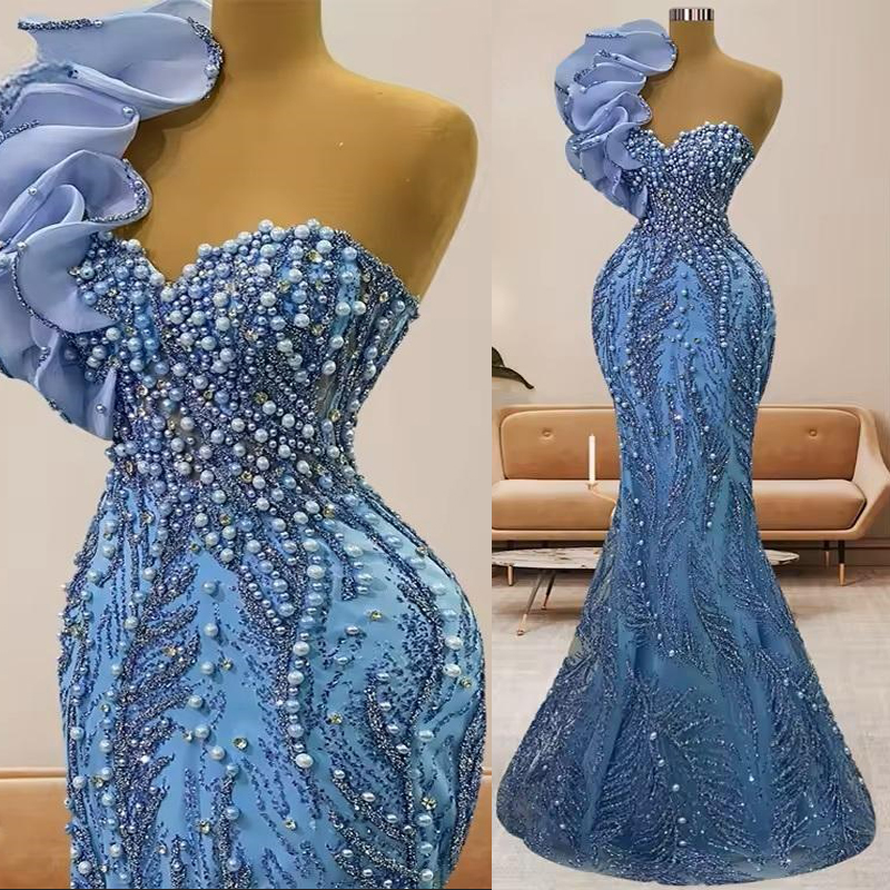 2025 Sky Blue Prom Dress Mermaid Promdress One Shoulder Beaded Lace Flora Pearls Birthday Dress Second Reception Gowns For Special Occasions Black Wom
