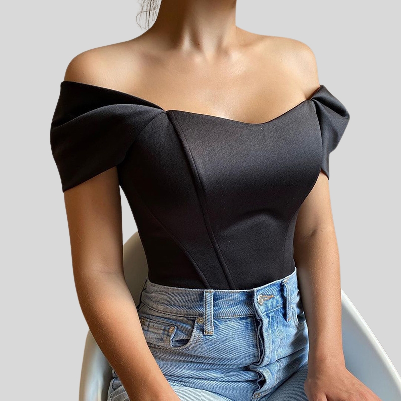 New arrival European and American women's clothing summer fishbone waist tube top satin one-word shoulder top women