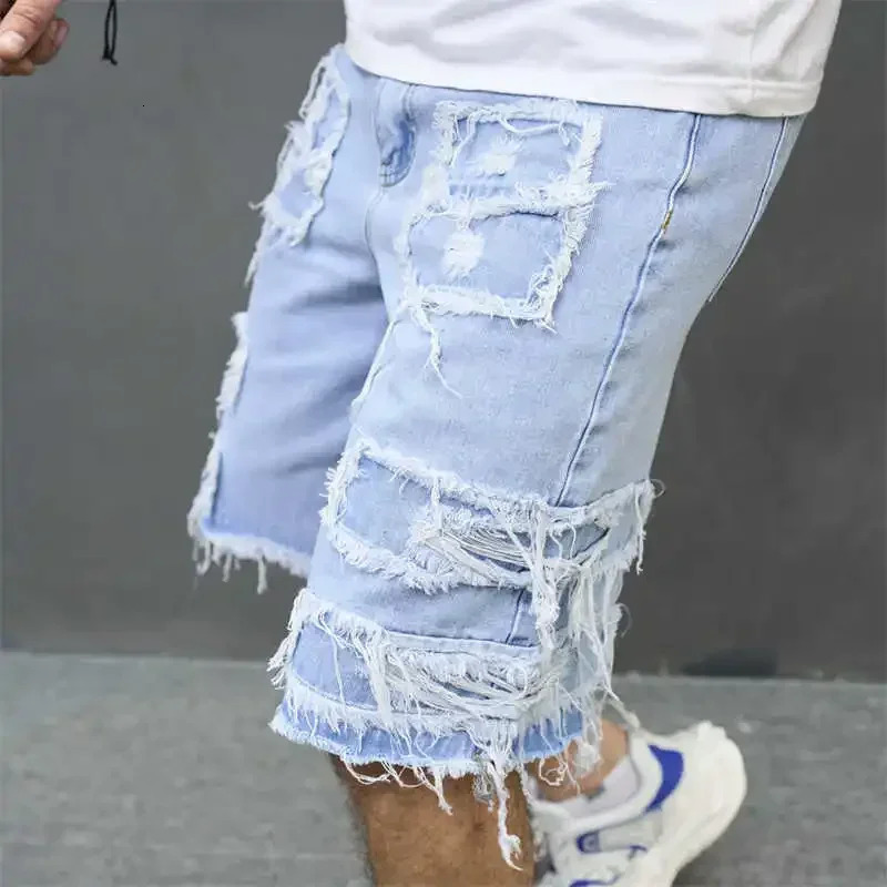 Denim Hole Knee Length Men Washed Jean Mid Waist Spliced Ripped Pockets Loose Fit Distressed Straight Pants 2025 Casual Shorts 250211