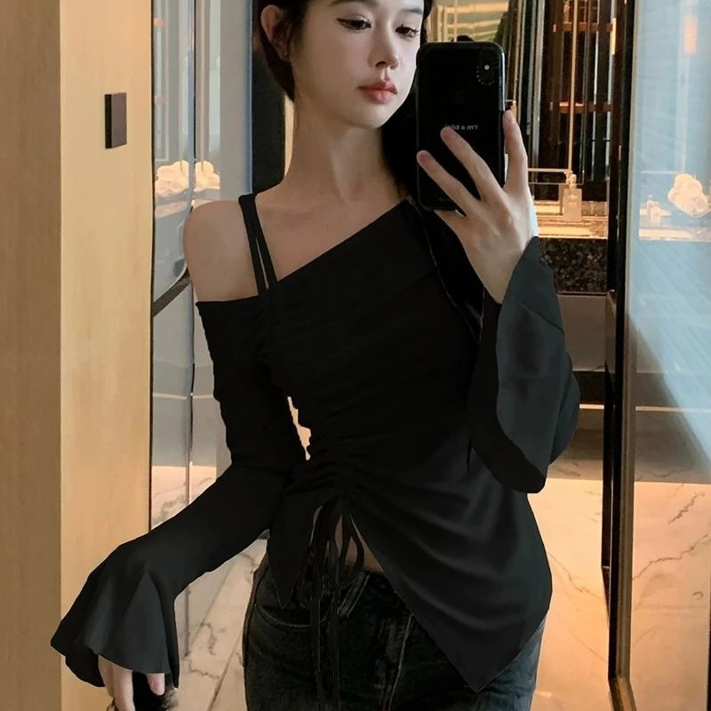 Spring Autumn Cotton Flare Sleeve T Shirt Solid Bodycone Basic Long Crop Tops Casual Shirring Offshoulder Tees 250114Z